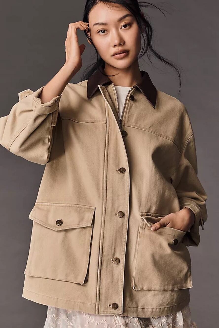 Pilcro Tan Brown Faux Leather Collar Button Front Barn Jacket Womens Small